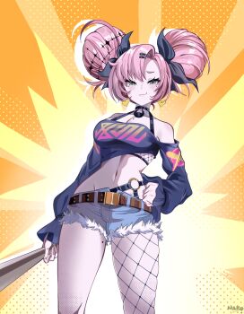 1girl absurdres alternate_costume bare_shoulders baseball_bat black_ribbon black_shirt breasts closed_mouth commentary commentary_request cowboy_shot cropped_shirt double_bun earrings english_commentary fang fishnet_thighhighs fishnets green_eyes hair_bun hair_ribbon hand_on_own_hip heart heart_earrings highres holding holding_baseball_bat jewelry kurimako large_breasts long_hair long_sleeves looking_at_viewer mixed-language_commentary mole mole_on_breast mole_on_thigh mole_under_eye navel nicole_demara parted_bangs pink_hair ribbon shirt short_shorts shorts single_thighhigh skin_fang smile solo stomach thighhighs yellow_background zenless_zone_zero