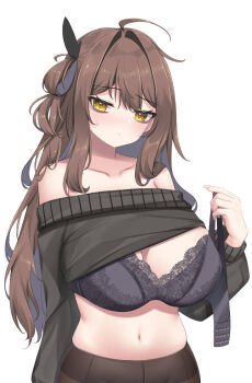1girl ahoge bags_under_eyes bare_shoulders black_bra black_hair blush bra breasts brown_hair brown_pantyhose cleavage closed_mouth collarbone colored_inner_hair commentary_request covered_groin grey_sweater hair_between_eyes hair_intakes hair_rings head_tilt high-waist_pantyhose highres large_breasts lingerie long_hair long_sleeves looking_at_viewer multicolored_hair navel off_shoulder original pantyhose removing_bra sidelocks simple_background single_hair_ring solo stomach sweatdrop sweater umou_(may65879) underwear upper_body very_long_hair white_background yellow_eyes