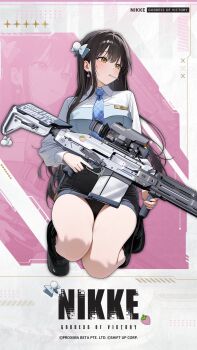1girl black_coat black_hair black_skirt blue_bow blue_necktie bow brown_eyes coat collared_shirt diesel_(nikke) diesel_(winter_sweets)_(nikke) full_body goddess_of_victory:_nikke gun hair_bow hair_over_shoulder highres holding holding_gun holding_weapon long_hair long_sleeves necktie official_alternate_costume official_art open_clothes open_coat shirt skirt solo squatting weapon white_shirt
