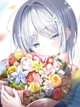 Rule 34 | 1girl, blue archive, blue flower, blush, bouquet, closed mouth, commentary request, flower, hair ornament, highres, holding, holding bouquet, kuinanoda, long hair, looking at viewer, nagusa (blue archive), parted bangs, pink flower, red flower, sidelocks, smile, snowflake hair ornament, solo, white eyes, white hair, yellow flower