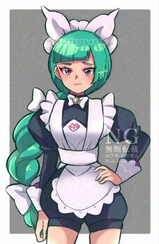 1girl apron black_romper blunt_bangs bow bowtie braid braided_ponytail green_hair hand_on_own_hip highres juliet_sleeves lebanne_(pokemon) light_smile long_hair long_sleeves maid maid_apron maid_headdress nintendo nonoworks pink_lips pokemon pokemon_legends:_z-a puffy_sleeves romper smile solo tsurime white_bow white_bowtie
