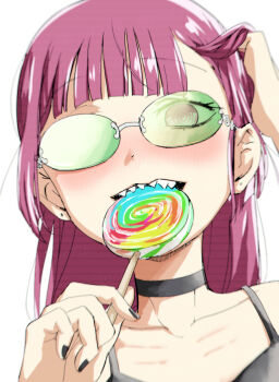 ! 1girl @_@ biting black_choker black_nails black_tank_top blush bocchi_the_rock! candy choker collarbone commentary english_commentary food glasses green-tinted_eyewear hand_in_own_hair hiroi_kikuri holding holding_candy holding_food holding_lollipop lollipop long_hair looking_at_viewer mixed-language_commentary nail_polish pink_eyes purple_hair sharp_teeth solo tank_top teeth tinted_eyewear torako_(toramaru)