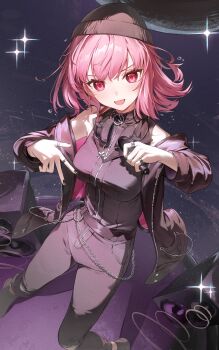 1girl absurdres beanie belt black_hat black_jacket black_jumpsuit black_shoes breasts chain from_above hashtag-only_commentary hat headphones headphones_around_neck highres holding holding_microphone hololive hololive_english inward_w jacket jewelry jumpsuit long_hair looking_at_viewer medium_breasts medium_hair microphone mori_calliope mori_calliope_(the_story_thus_far) multiple_rings oeuia official_alternate_costume open_clothes open_jacket open_mouth perspective pink_eyes pink_hair ring shoes sleeveless_jumpsuit smile solo speaker two-sided_fabric two-sided_jacket virtual_youtuber wallet_chain