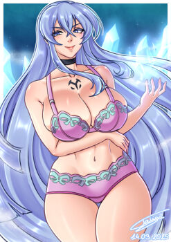 1girl akame_ga_kill! arm_under_breasts artist_name black_choker blue_eyes blue_hair blush bra breasts chest_tattoo choker closed_mouth commentary dated english_commentary esdeath hair_between_eyes ice large_breasts long_hair looking_at_viewer magic navel panties pink_bra pink_panties seductive_smile sidelocks smile solo taiyudraws tattoo underwear