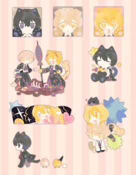 1girl 2boys animal_ears animalization black_coat black_pants blonde_hair blood blood_in_hair blood_on_clothes blood_on_face bone cat cat_ears cat_tail chibi closed_eyes coat dog_ears dog_tail don_quixote_(project_moon) e.g.o_(project_moon) highres holding holding_bone in_the_name_of_love_and_hate_(e.g.o) limbus_company multiple_boys necktie open_mouth pants project_moon red_necktie shirt sinclair_(project_moon) sitting smile striped_background tail white_shirt yellow_eyes yesheng_zong_ren yi_sang_(project_moon)