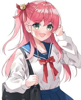 1girl alternate_costume bag blue_sailor_collar blue_skirt blush commentary_request handbag highres hololive long_hair looking_at_viewer nekoshima_kaede one_side_up open_mouth sailor_collar sakura_miko school_bag shirt skirt smile solo virtual_youtuber white_shirt