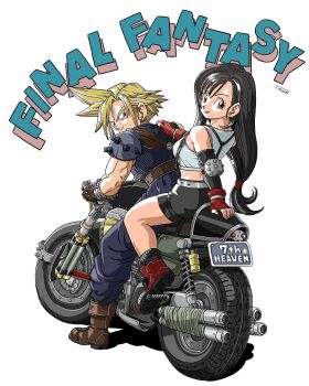 1boy 1girl arm_support armor bare_shoulders belt black_hair black_skirt black_sleeves black_socks blonde_hair blue_eyes blue_pants blue_sweater boots breasts brown_gloves closed_mouth cloud_strife commentary_request copyright_name crop_top detached_sleeves dragon_ball earrings elbow_pads final_fantasy final_fantasy_vii fingerless_gloves from_behind full_body gloves hair_behind_ear hand_on_another's_shoulder highres jewelry large_breasts long_hair looking_at_viewer looking_back low-tied_long_hair miniskirt motor_vehicle motorcycle on_motorcycle pants pencil_skirt red_boots red_eyes red_gloves ribbed_socks riding short_hair shoulder_armor signature simple_background single_elbow_pad sitting skirt sleeveless sleeveless_turtleneck smile socks spiked_hair suspender_skirt suspenders sweater takeshi_miura tank_top tifa_lockhart toriyama_akira_(style) turtleneck turtleneck_sweater white_background white_tank_top