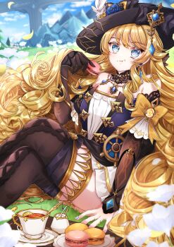 1girl :t absurdres asymmetrical_gloves black_bow black_choker black_hat black_sleeves blonde_hair blue_eyes blue_flower blue_gemstone blue_rose boots bow choker crossed_legs curly_hair day detached_sleeves eating floating_hair flower food gem genshin_impact gloves hat hat_flower highres holding holding_food holding_macaron in-universe_location lolita_fashion long_hair macaron miniskirt navia_(genshin_impact) outdoors rose skirt solo thigh_boots very_long_hair white_skirt yuzuca_(trickster4594)