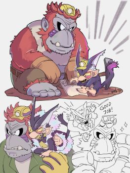 2boys bags_under_eyes donkey_kong_(series) donkey_kong_bananza english_text full_body gloves gorilla grumpy_kong helmet highres mekyo mining_helmet monkey multiple_boys nintendo open_mouth pickaxe red_hair sitting smile sparkle void_kong