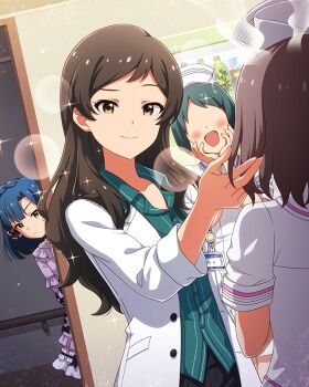 4girls blue_hair blush brown_eyes brown_hair closed_mouth collared_shirt commentary_request doctor faceless faceless_female game_cg green_shirt hat hospital idolmaster idolmaster_million_live! idolmaster_million_live!_theater_days kitazawa_shiho long_hair multiple_girls nanao_yuriko nurse nurse_cap official_alternate_costume official_art open_mouth peeking_out pinstripe_pattern pinstripe_shirt shirt short_hair smile sparkle third-party_source yuri
