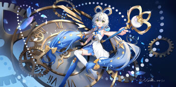 Rule 34 | absurdres, analog clock, asymmetrical legwear, bare shoulders, blue hair, blue skirt, blue thighhighs, bow, breasts, clock, clock face, commentary request, crossed bangs, dress, earrings, gears, gold bow, gold bracer, green eyes, grey hair, hair between eyes, hair bow, hair ornament, halter dress, halterneck, highres, holding, holding staff, jewelry, long hair, looking at viewer, luo tianyi, mage staff, mismatched legwear, morimori (14292311), multicolored hair, open mouth, oversized earring, pleated skirt, skirt, small breasts, smile, staff, star (sky), star (symbol), star hair ornament, starry sky background, thighhighs, twintails, uneven legwear, very long hair, vocaloid, vsinger (vocaloid), white dress, white thighhighs, winding key