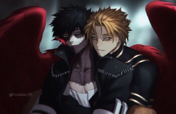 2boys beard_stubble black_hair blonde_hair blue_eyes boku_no_hero_academia burn_scar closed_mouth dabi_(boku_no_hero_academia) earrings facial_hair feathered_wings feathers hashtag-only_commentary hawks_(boku_no_hero_academia) highres hug hug_from_behind jewelry looking_at_another male_focus multiple_boys red_feathers red_wings saika076 scar scar_on_face short_hair sideburns spiked_hair stapled stubble twitter_username upper_body wings yellow_eyes