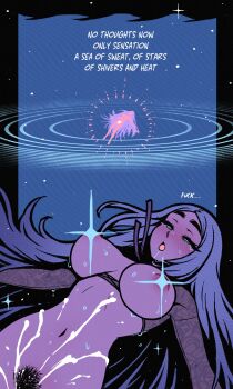 1girl absurdres akairiot armpits blue_hair blush breasts commentary crying crying_with_eyes_open cum drooling english_commentary english_text female_orgasm floating fucked_silly heart highres large_breasts long_hair narrowed_eyes navel nipples nude open_mouth orgasm original pubic_hair pussy shrug_(clothing) solo_focus sparkle sparkle_censor spread_legs tears tongue