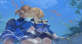 1boy 1girl black_cloak black_pants blonde_hair blue_shirt blue_tunic boots braid breasts brown_boots champion&#039;s_tunic_(zelda) cloak closed_eyes commentary couple crown_braid dated english_commentary grey_pants hair_ornament hair_tie hairclip hetero highres holding_hands hood hood_down hooded_cloak interlocked_fingers kiss leaf leaf_censor link medium_breasts medium_hair nintendo pants parted_bangs pointy_ears ponytail princess_zelda reflection ripples shirt short_hair short_ponytail sidelocks single_shoulder_pad the_legend_of_zelda the_legend_of_zelda:_tears_of_the_kingdom tianyexiping triforce tunic twitter_username