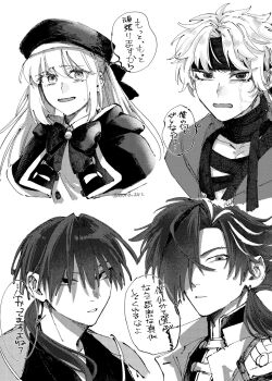 1girl 3boys artist_name artoria_caster_(fate) artoria_caster_(second_ascension)_(fate) artoria_pendragon_(fate) bandaged_neck bandages black_bow bono_242 bow bowtie cropped_torso facial_scar greyscale hair_bow hair_over_eyes hair_over_one_eye harada_sanosuke_(teal_haori_and_hakama)_(fate) hat headband high_collar highres long_hair looking_at_viewer low_ponytail medium_hair monochrome multicolored_hair multiple_boys no_pupils parted_lips ponytail scar scar_across_eye scar_on_cheek scar_on_face shaded_face short_hair sidelocks speech_bubble streaked_hair sweatdrop takasugi_shinsaku_(fate) toudou_heisuke_(second_ascension)_(fate)