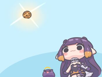 1girl :3 =_= absurdres arm_warmers bare_shoulders blush_stickers commentary cookie dress english_commentary fang food from_below halo highres hololive hololive_english long_hair mole mole_under_eye mpien multicolored_hair ninomae_ina&#039;nis ninomae_ina&#039;nis_(1st_costume) open_mouth orange_hair purple_dress purple_hair single_arm_warmer smile sun takodachi_(ninomae_ina&#039;nis) tentacle_hair virtual_youtuber