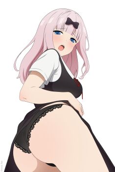 1girl ass black_bow black_dress black_panties blue_eyes blunt_bangs blush bow breasts clothes_lift commentary coro_fae dress dress_lift fujiwara_chika hair_bow highres kaguya-sama_wa_kokurasetai_~tensai-tachi_no_renai_zunousen~ lace lace-trimmed_panties lace_trim large_breasts lifting_own_clothes long_hair looking_at_viewer open_mouth panties pink_hair red_ribbon ribbon school_uniform short_sleeves shuuchiin_academy_school_uniform simple_background solo summer_uniform teeth thighs twitter_username underwear white_background