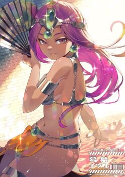 1girl armlet armor bangle bare_shoulders bikini_armor bracelet breasts brick_wall circlet commentary_request dancer's_costume_(dq) dark-skinned_female dark_skin dragon_quest dragon_quest_iv earrings folding_fan gem green_gem hand_fan holding holding_fan jewelry kuzuno_ha long_hair manya_(dq4) medium_breasts midriff navel orange_skirt parted_bangs parted_lips pelvic_curtain purple_eyes purple_hair sideboob silver_armlet silver_thighlet skirt solo sparkle thighhighs thighlet