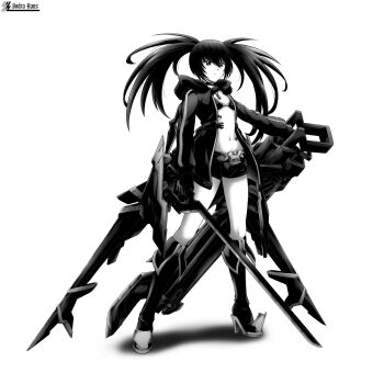 1girl absurdres asmodiarl barcode barcode_tattoo black_rock_shooter black_rock_shooter_(character) black_rock_shooter_(game) black_shorts boots greyscale highres hood hooded_jacket jacket mechanical_wings monochrome open_clothes open_jacket rock_cannon shorts stella_(black_rock_shooter) sword tattoo twintails uneven_twintails weapon wings