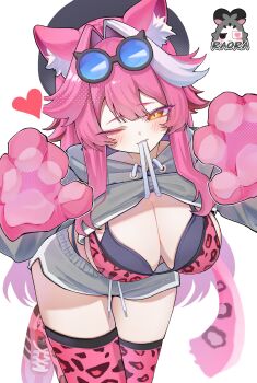 1girl absurdres alternate_costume animal_ears animal_hands bikini bikini_top_only black-framed_eyewear black_hat blush bra breasts cleavage commentary doom_yorusen eyewear_on_head grey_bra grey_hoodie grey_shorts hair_between_eyes hat heart highres hololive hololive_english hood hoodie hoodie_pull large_breasts long_hair looking_at_viewer multicolored_hair one_eye_closed panther_ears panther_girl panther_print panther_tail pink_bikini pink_hair pink_shoes pink_thighhighs raora_panthera shoes short_shorts shorts simple_background sneakers solo standing standing_on_one_leg streaked_hair swimsuit tail thighhighs underwear virtual_youtuber white_background white_streaks yellow_eyes