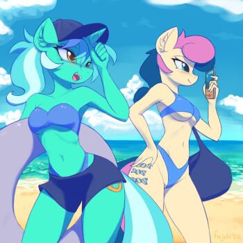 2girls alternate_costume alternate_hairstyle animal_ears animification aqua_eyes aqua_fur bag baseball_cap beach bikini black_hat blue_bikini blue_hair body_fur bonbon_(my_little_pony) breasts cellphone cloud cutie_mark day fajeh furry furry_female green_hair hand_on_own_hip handbag hat highres holding holding_phone holding_swim_ring horns horse_ears horse_girl horse_tail innertube long_hair lyra_heartstrings medium_breasts medium_hair multicolored_hair multiple_girls my_little_pony my_little_pony:_friendship_is_magic navel ocean outdoors personification phone pink_hair ponytail shorts single_horn skinny sky snout standing stomach streaked_hair swim_ring swimsuit tail two-tone_hair underboob unicorn_girl unicorn_horn water white_hair wide_hips yellow_eyes yellow_fur