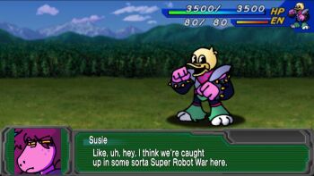 bird bracelet colored_skin copyright_name deltarune dialogue_box duck fake_screenshot gameplay_mechanics heads-up_display health_bar highres jewelry kittehkat8 mecha mecha_focus meme outdoors parody pink_skin portrait reptile_girl robot spiked_bracelet spikes srw_battle_screen super_robot_wars susie_(dark_world)_(deltarune) susie_(deltarune) thrash_machine user_interface utdr_(toby_fox)