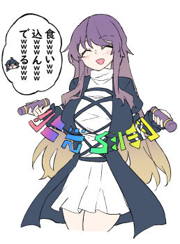 2girls ahoge black_dress blonde_hair blush breasts closed_eyes commentary_request cross-laced_clothes cross-laced_dress deetamu dress facing_viewer gradient_hair head_only highres hijiri_byakuren holding holding_scroll houjuu_nue large_breasts layered_dress long_hair multicolored_hair multiple_girls purple_hair scroll simple_background solo_focus sorcerer's_sutra_scroll speech_bubble touhou translation_request very_long_hair white_background white_dress