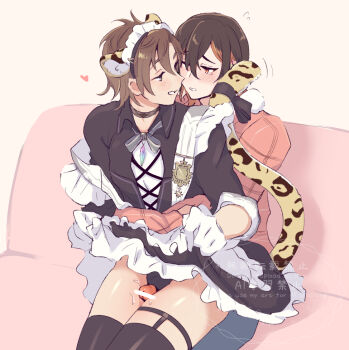2boys animal_ears bar_censor black_thighhighs blush brown_eyes brown_hair censored choker dress eiden_(nu_carnival) eiden_(sweet_heart_attack)_(nu_carnival) frilled_dress frills frottage gloves heart hug hug_from_behind leopard_ears leopard_tail maid_headdress multicolored_hair multiple_boys niwa_(niwa827) nu_carnival panties pantyshot penis pink_eyes precum sitting sitting_on_lap sitting_on_person smile tail tearing_up thigh_sex thighhighs thighs underwear watermark yakumo_(nu_carnival) yaoi