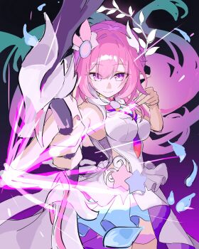 1girl aqua_hair bow_(weapon) breasts commentary_request cyrene_(demiurge)_(honkai:_star_rail) cyrene_(honkai:_star_rail) diamond-shaped_pupils diamond_(shape) dress energy_arrow flower hair_flower hair_ornament highres holding holding_bow_(weapon) holding_weapon honkai:_star_rail honkai_(series) large_breasts long_hair looking_at_viewer multicolored_hair ninapxvnc pink_hair purple_eyes smile solo symbol-shaped_pupils very_long_hair weapon white_dress white_hair