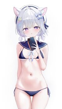 :o absurdres alternate_costume animal_ear_fluff animal_ears arm_at_side ayatsuno_yuni bikini blue_bikini blue_bow blue_sailor_collar blush bow breasts cat_ears cellphone commentary_request cowboy_shot double-parted_bangs gamble_0 hair_bobbles hair_bow hair_ornament hand_up heart heart_hair_ornament highres holding holding_phone korean_commentary looking_at_viewer low_twintails medium_breasts navel parted_lips phone purple_eyes sailor_collar short_hair short_twintails side-tie_bikini_bottom skindentation smartphone standing star-shaped_pupils star_(symbol) stellive stomach string_bikini sweat swimsuit symbol-shaped_pupils thigh_gap twintails virtual_youtuber
