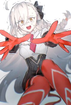 ahoge bow braid commentary_request corset crying crying_with_eyes_open eneuaws fate/grand_order fate_(series) gloves hair_bow highres long_hair necktie olga_marie_animusphere olga_marie_animusphere_(unbeast) open_mouth orange_eyes outstretched_arms red_gloves red_thighhighs tears thighhighs very_long_hair white_hair