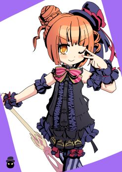1girl absurdres black_arm_warmers black_dress black_hat blonde_hair blue_dress blue_thighhighs dress drill_hair emil_chronicle_online frilled_arm_warmers frilled_dress frilled_wristband frills frolyflow2 hair_bun hat hat_ribbon highres holding holding_umbrella one_eye_closed red_ribbon ribbon smug solo striped_clothes striped_thighhighs thighhighs two-tone_dress umbrella umbrella_alma v v_over_eye yellow_eyes
