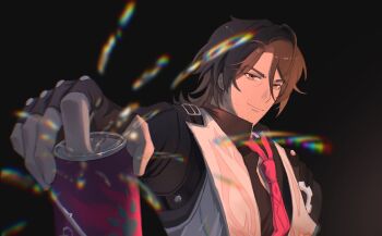 1boy beer_can black_background black_gloves black_shirt blurry blurry_foreground brown_hair can chromatic_aberration closed_mouth collared_shirt drink_can facial_hair fingerless_gloves gallagher_(honkai:_star_rail) gloves hair_between_eyes hand_up hashtag-only_commentary highres holding holding_can honkai:_star_rail honkai_(series) lapels lips long_sleeves looking_at_viewer male_focus medium_hair misskou525076 necktie pink_necktie red_eyes shirt simple_background smile solo upper_body v-shaped_eyebrows vest white_vest