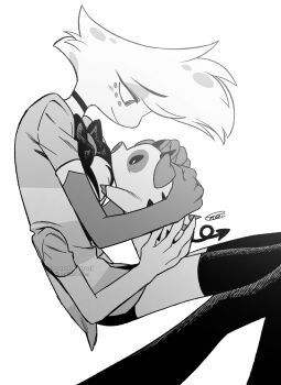 1boy absurdres angel_dust animal animal_on_lap bow bowtie choker closed_mouth commentary_request demon_horns elbow_gloves facial_mark fat_nuggets feet_out_of_frame fewer_digits from_side furry furry_male gloves greyscale hatching_(texture) hazbin_hotel hellaverse highres holding holding_animal horns invisible_chair looking_at_animal looking_down male_focus menma_(enaic31) monochrome on_lap profile raised_inner_eyebrows shirt short_shorts shorts signature simple_background sitting smile solo striped_clothes striped_shirt thighhighs traditional_bowtie twitter_username two-tone_shirt watermark white_background