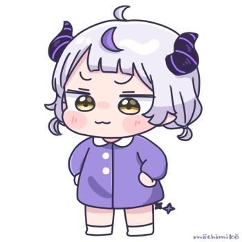 1girl :3 aged_down ahoge blush_stickers brown_eyes closed_mouth collared_dress demon_horns dress full_body grey_hair hands_on_own_hips hololive horns la+_darknesss long_sleeves low_twintails mochimiko multicolored_hair no_shoes puffy_long_sleeves puffy_sleeves purple_dress purple_hair short_twintails signature simple_background smile socks solo standing streaked_hair twintails virtual_youtuber white_background white_socks