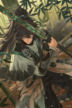 1boy absurdres afureru_colors arm_armor bamboo bamboo_forest black_hair black_pants cloak closed_eyes closed_mouth commentary forest highres holding holding_sword holding_weapon long_hair male_focus nature pants ponytail qiuyuan_(wuthering_waves) solo sword weapon white_cloak wuthering_waves