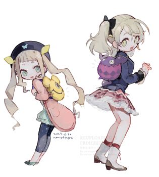 2girls :d absurdres artist_name backpack bag beret black_bow black_hat blazer blonde_hair blue_dress blue_jacket blue_leggings blue_shoes blunt_bangs boots bow brown_hair character_bag checkered_clothes checkered_skirt commentary_request dated dress elize_lutus elle_mel_marta frilled_skirt frilled_sleeves frills full_body green_eyes hair_bow hat highres jacket leggings loli long_hair multiple_girls nancykittyu open_mouth pink_jacket print_leggings red_skirt red_socks school_uniform shoes simple_background skirt smile socks standing tales_of_(series) tales_of_xillia tales_of_xillia_2 teepo_(tales) twintails white_background white_boots