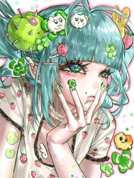 1girl absurdres aegyo_sal angel_wings_hair_ornament antenna_hair apple aqua_hair black_trim blue_eyes blunt_bangs character_request chinese_commentary choker clover clover_hair_ornament commentary_request cross fei_niao_si floating_hair food food-themed_hair_ornament food_print four-leaf_clover four-leaf_clover_hair_ornament fruit fruit_print hair_ornament hand_on_own_face heisei_retro highres hinata_(xg) lace lace_choker lace_trim long_hair looking_ahead medium_hair nail_art outline photo-referenced pink_outline real_life shirt short_sleeves sidelocks simple_background snakebite_(piercing) solo spikes sticker sticker_on_arm strawberry_hair_ornament strawberry_print upper_body white_background white_shirt xg_(group)