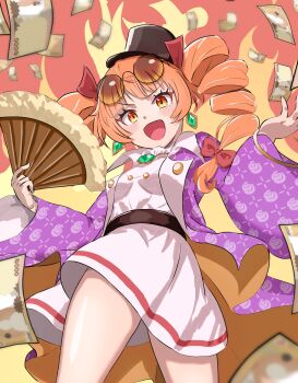 1girl :d banknote black_hat blush bow coat commentary_request cowboy_shot dress drill_hair earrings eyewear_on_head falling_money fire hair_bow hand_fan hands_up hat highres holding holding_fan jewelry long_hair long_sleeves looking_at_viewer making-of_available medium_dress mitsume310i money open_clothes open_coat open_mouth orange_background orange_eyes orange_hair pendant purple_coat red_bow round_eyewear sidelocks simple_background smile smug solo sunglasses thighs top_hat touhou twin_drills twintails upskirt v-shaped_eyebrows white_dress wide_sleeves yorigami_jo'on