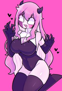 Rule 34 | 1girl, :d, black thighhighs, breasts, cleavage cutout, clothing cutout, demon horns, highres, horns, kneeling, leotard, long hair, nun, open mouth, paw pose, pink background, pink hair, sarvente (friday night funkin'), seiza, simple background, sitting, smile, thighhighs, thighs, yume0534