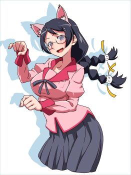 animal_ear_fluff animal_ear_hairband animal_ears blue_shirt blush braid breasts cat_ears collar collarbone commentary_request drop_shadow fake_animal_ears fang floating_hair glasses grey_eyes hair_ornament hairband hairpin hanekawa_tsubasa highres juliet_sleeves large_breasts long_sleeves looking_at_viewer monogatari_(series) multiple_hairpins naoetsu_high_school_uniform open_mouth parted_bangs paw_pose pleated_skirt puffy_sleeves purple_hair purple_ribbon purple_skirt red_collar red_trim ribbon risator school_uniform shirt shirt_ribbon simple_background skin_fang skirt smile twin_braids upper_body white_background