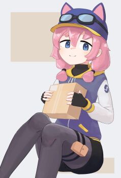 Rule 34 | 1girl, absurdres, ahodeyaro, animal hat, baseball cap, black pantyhose, black shorts, blue eyes, blue hat, blue jacket, box, cardboard box, cat hat, feet out of frame, fingerless gloves, from below, gloves, goggles, goggles on head, hair between eyes, hat, highres, holding, holding box, hood, hooded jacket, jacket, looking at viewer, low twintails, multicolored jacket, package, pantyhose, pantyhose under shorts, pink hair, pouch, short shorts, shorts, simple background, sitting, steam (platform), steam delivery girl, thigh pouch, thigh strap, twintails, two-tone jacket, white jacket