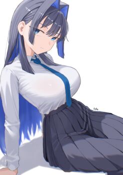 1girl absurdres alternate_costume black_skirt blue_eyes blue_hair blue_necktie breasts commentary diptip english_commentary hair_intakes highres hololive hololive_english large_breasts long_hair looking_at_viewer necktie ouro_kronii pleated_skirt shirt shirt_tucked_in simple_background sitting skirt solo virtual_youtuber white_background white_shirt