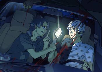 1other 2boys 74000000star :o angry artist_self-insert baxter_ward black_hair black_shirt blood blood_splatter car collared_shirt commentary curtained_hair death driving dutch_angle english_commentary eye_print fangs finger_to_mouth glowing grabbing_another's_arm holding holding_phone looking_at_another main_character_(our_life) motor_vehicle mullet multicolored_hair multiple_boys murder night our_life our_life:_beginnings_and_always phone shirt shushing sitting steering_wheel two-tone_hair two-tone_shirt upper_body white_hair white_shirt wide-eyed yellow_eyes