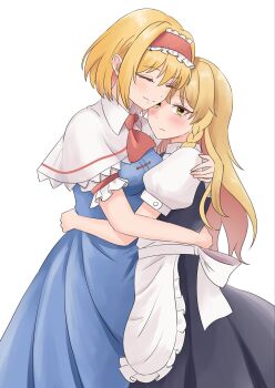2girls alice_margatroid apron ascot back_bow black_skirt black_vest blonde_hair blue_dress blush bow braid breasts capelet closed_eyes closed_mouth commentary_request dress frilled_hairband frills hairband height_difference highres hug kirisame_marisa kiyo_(tomoki6107) lolita_hairband long_hair multiple_girls no_headwear puffy_short_sleeves puffy_sleeves red_ascot red_hairband short_sleeves side_braid single_braid skirt smile touhou vest waist_apron white_apron white_bow white_capelet yellow_eyes yuri