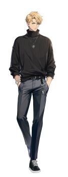 1boy absurdres black_shoes black_sweater blonde_hair blue_eyes full_body grey_pants hands_in_pockets highres jewelry lennart_niermann looking_at_viewer necklace official_art pants shoes short_hair simple_background sitting sneakers solo solo_leveling solo_leveling:_arise sweater transparent_background watch wristwatch