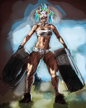 1girl abs absurdres alternate_costume bare_shoulders blush breasts female_focus highres large_breasts looking_at_viewer multicolored_hair muscular_legs one_piece sarashi solo threatening torn_clothes unused_tire yamato_(one_piece) yellow_eyes