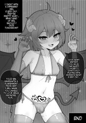 Rule 34 | 1boy, absurdres, ahoge, bat wings, bikini, blush, bulge, claw pose, collarbone, commentary, covered erect nipples, crossdressing, demon, demon boy, demon horns, demon tail, dot nose, elbow gloves, english commentary, english text, eyelashes, fang, gloves, gluteal fold, greyscale, hands up, hashite a, heart, heart-shaped pupils, highres, horns, inktober, kneehighs, looking at viewer, lower teeth only, male focus, monochrome, navel, open mouth, original, panties, pointy ears, pubic tattoo, short hair, socks, speech bubble, swimsuit, symbol-shaped pupils, tail, tattoo, teeth, thong bikini, thong bulge, tongue, trap, underwear, wings