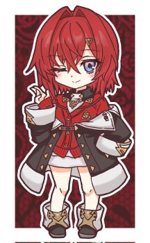 1girl ange_katrina ange_katrina_(1st_costume) ankle_boots black_boots black_coat blue_eyes blush boots border cardigan closed_mouth coat commentary_request corrupted_twitter_file crossed_bangs deformed dress full_body gradient_eyes hair_between_eyes hair_intakes hair_ornament hand_on_own_hip hand_up highres long_bangs looking_at_viewer medium_hair multicolored_eyes nijisanji off_shoulder one_eye_closed outline outside_border purple_eyes red_background red_cardigan red_hair short_dress sleeves_past_wrists smile solo split_mouth standing triangle_hair_ornament virtual_youtuber white_border white_dress white_outline yuri_uzuz