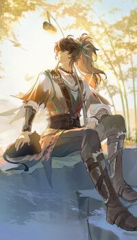 1boy absurdres arm_armor black_boots black_cat black_hair black_pants boots cat chinese_commentary commentary_request green_ribbon grey_eyes hair_between_eyes hair_ribbon highres holding huqu_(huqu45712) long_hair male_focus outdoors pants ponytail qiuyuan_(wuthering_waves) ribbon shirt sitting solo white_shirt wuthering_waves